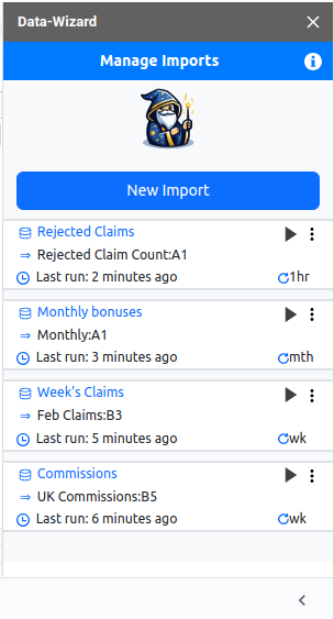 An example image of Data Wizard-MySQL's 'Manage Imports' page