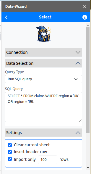 An example image of creating SQL queries in Data Wizard-MySQL