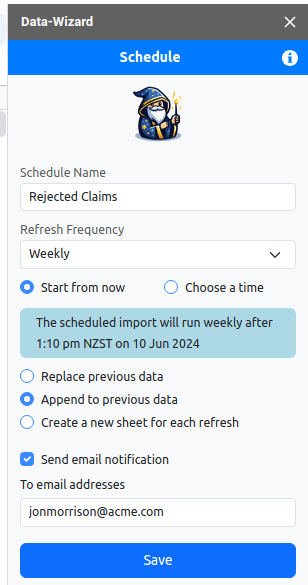 An example image of Data Wizard-MySQL's 'Schedule' page